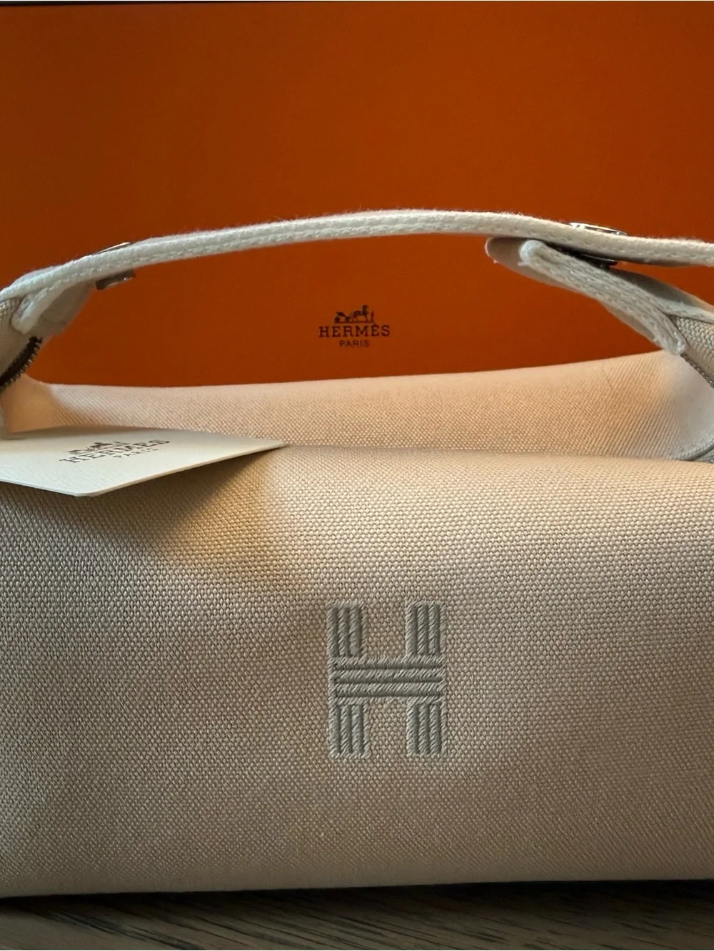 Hermes Beige Canvas Cosmetic Pouch with Leather Tab